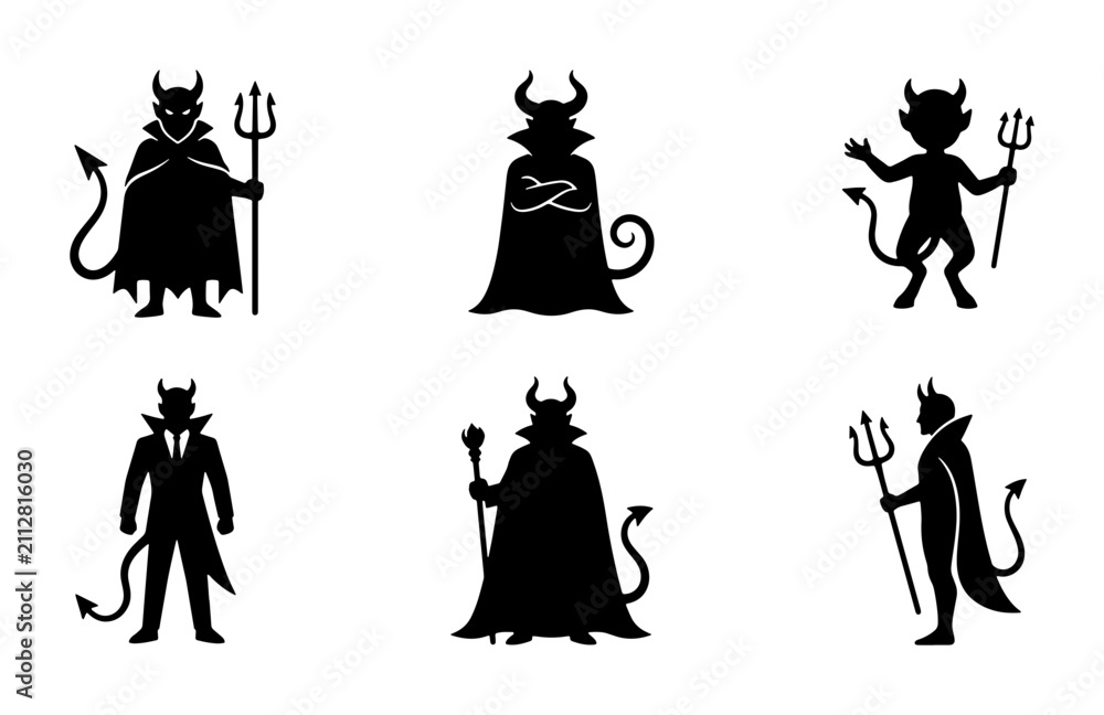 Fototapeta premium Devil Silhouettes Collection, 6 Vector Icons, Demon Characters, Evil Figures, Halloween Symbols, Fantasy Creatures