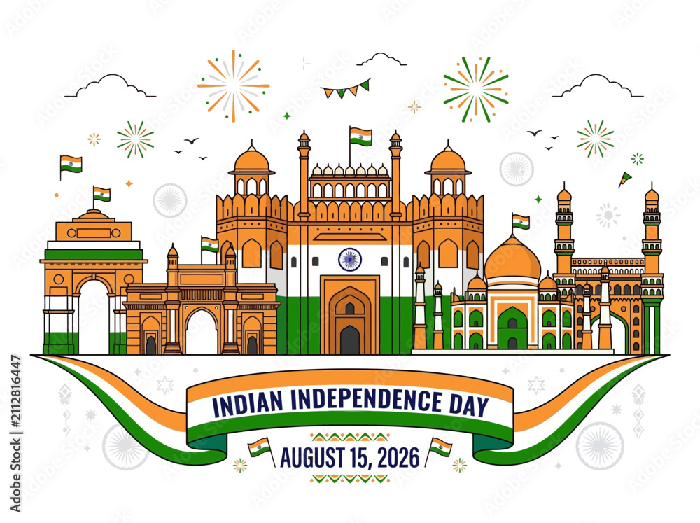 Fototapeta premium Indian Independence Day Celebration Vector Art - Red Fort, Gateway of India, Fireworks