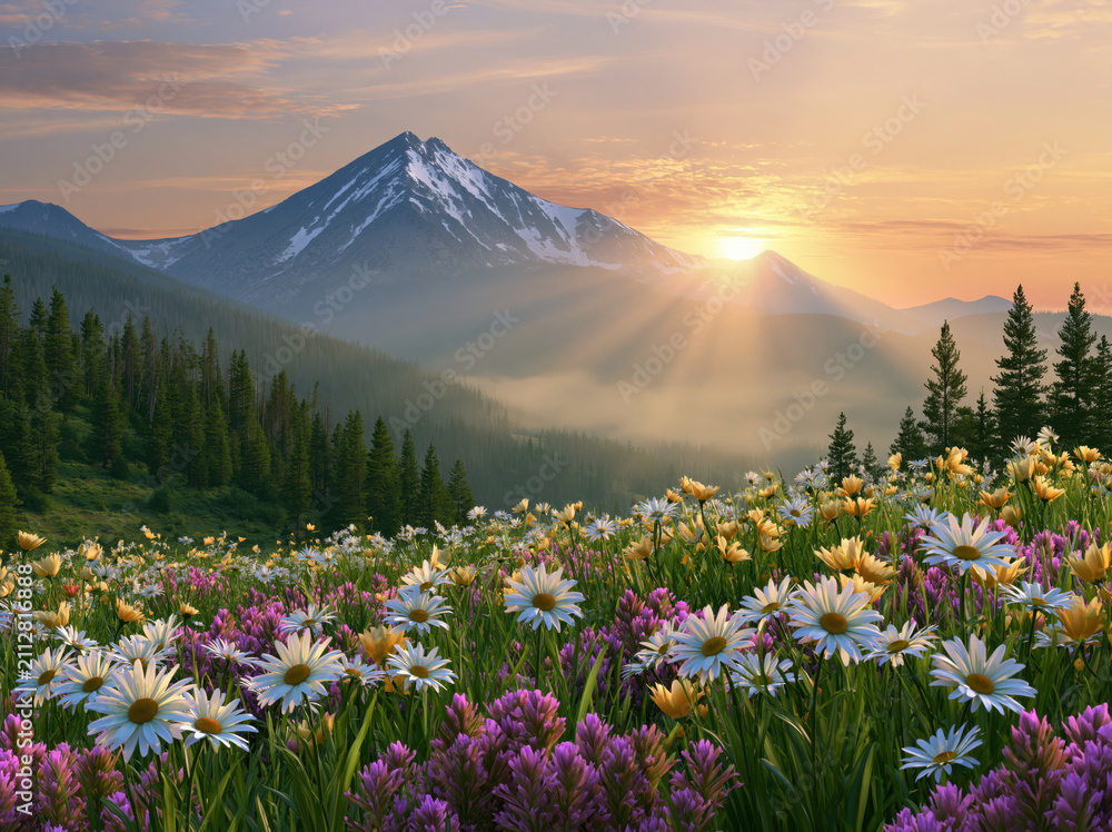 Obraz premium Mountain sunset landscape with wildflower meadow and pine forest under warm summer sky