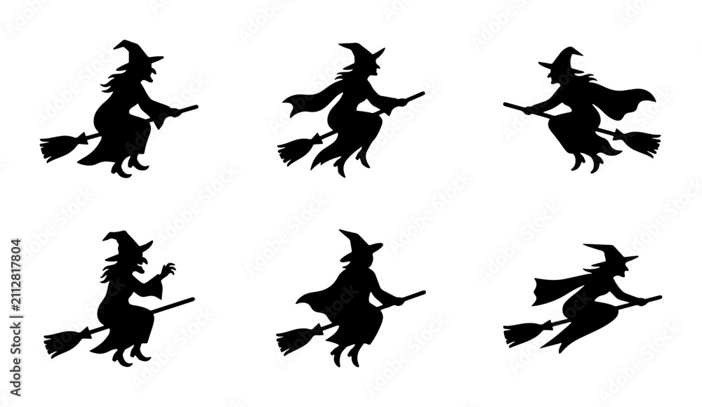 Fototapeta premium Witch Flying Silhouette Set, Halloween Magic Broomstick Icons, Spooky Night Character Graphics