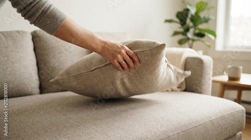Woman arranging a throw pillow on a beige sofa in a modern bright living room, interior design concept