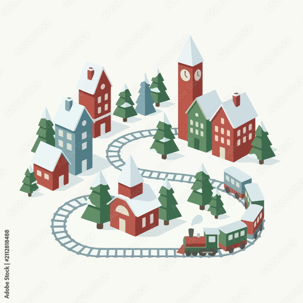 Fototapeta premium A small toy train travels through a snowy winter village scene