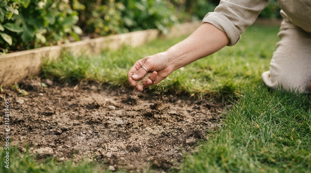 Fototapeta premium Middle-aged woman planting seeds in garden soil, closeup of hand scattering lawn grass seed for landscaping project