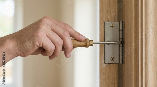Man tightening screw on door hinge with screwdriver in wooden frame for home improvement and carpentry