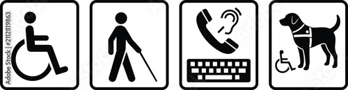 Black vector accessibility and disability icon set featuring wheelchair, visual impairment, hearing aid, and service dog