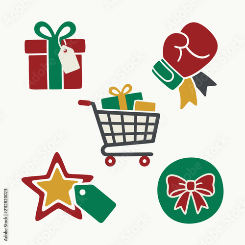 Flat vector illustration of Christmas gift boxes, shopping cart and festive ornaments on a white