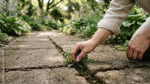 Close-up of a young woman weeding stone pathway in the garden, concept of yard maintenance and organic gardening