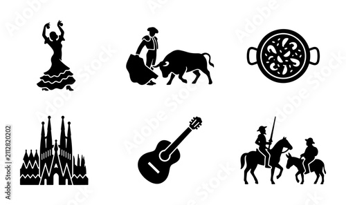 Bild auf Leinwand Spanish Culture Icons: Flamenco Dancer, Bullfight, Paella, Sagrada Familia, Guit