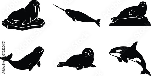 Canvas Print Vector set of arctic marine animal black silhouettes featuring walrus, narwhal,