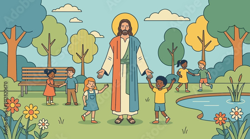 Friendly Jesus figure holding hands with children in a sunny park