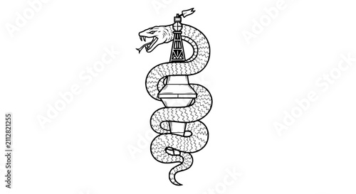 Vintage style etching of a serpent coiled around a lighthouse beacon tower