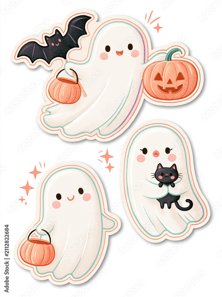 Fototapeta premium Cute ghost halloween sticker pumpkin bat black cat white sheet spooky cartoon kawaii smiley ghost orange pumpkin jack o lantern cat night costume festive decoration paper cut pastel adorable