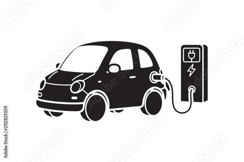 Simple black icon showing an electric vehicle plugged into a station for battery charging.
