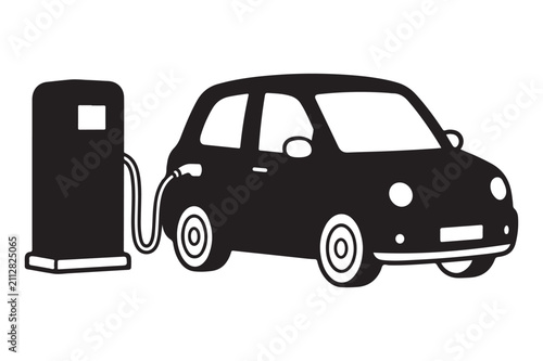 Simple black and white vector illustration of an electric car plugged into a charging station.
