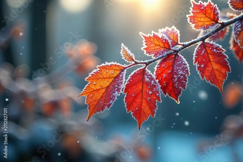 A frosty autumn branch with vibrant red leaves illuminated by soft sunlight, showcasing the beauty of nature's seasonal transition.