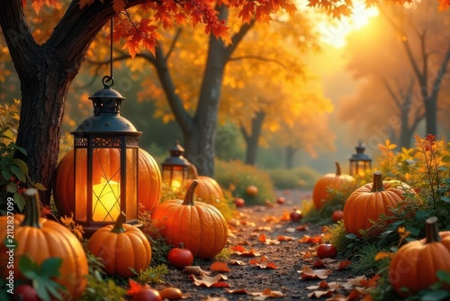 Autumnal Pathway Illuminated by Lanterns and Surrounded by Vibrant Pumpkins and Falling Leaves