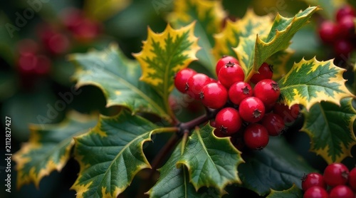 A vibrant cluster of glistening red berries nestled amongst the variegated green and yellow foliage of a holly plant