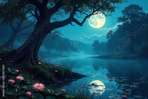 Serene Nightscape Moonlit Lake, Ancient Trees, and Delicate Water Lilies Reflecting Tranquility