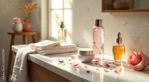 Luxurious Bath Products Arranged on a Marble Vanity with Soft Towels and Rose Petals in Sunny Bathroom