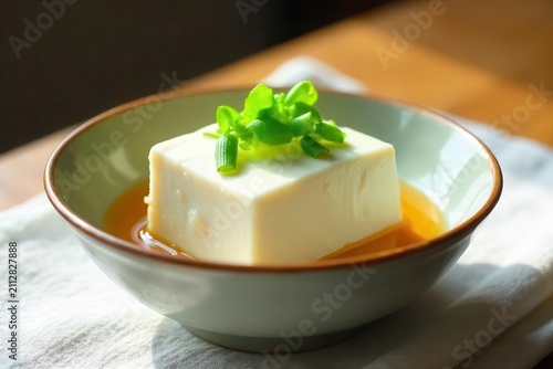 Silken Tofu Cube in a Savory Broth, Garnished with Fresh Herbs, Served in an Elegant Bowl