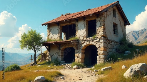 A weathered stone house stands on a hillside overlooking a scenic valley, its aged facade reflecting a story of resilience and the passage of time under a vibrant summer sky