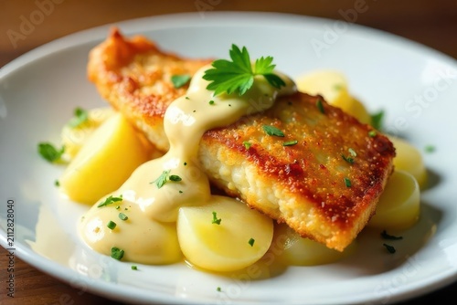 A delectable crispy pan-fried fish fillet, artfully presented atop a bed of creamy mashed potatoes, generously drizzled with a rich, smooth sauce, garnished with fresh herbs, a culinary masterpiece.