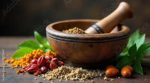 Wooden Mortar and Pestle with Assorted Spices and Herbs for Holistic Wellness