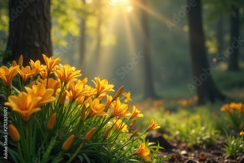 Golden Sunlight Illuminates a Cluster of Vibrant Yellow Wildflowers in a Serene Forest Setting