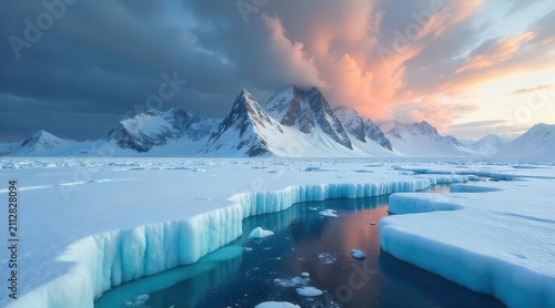 A serene winter landscape featuring snow-covered mountains and a tranquil icy sea under a breathtaking sunset sky