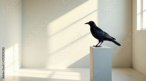 A solitary black bird perched atop a minimalist pedestal, bathed in the soft glow of sunlight filtering through an unseen window, evokes a sense of quiet contemplation in a stark, empty room.