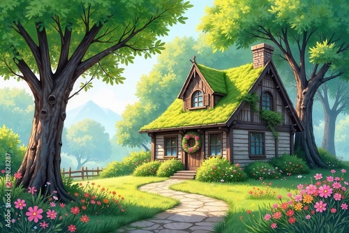 A charming cottage nestled in a vibrant green meadow, adorned with a living roof and surrounded by lush trees and colorful flowers, a picturesque stone path leading to its inviting entrance