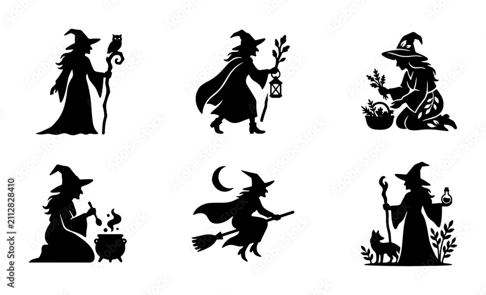 Fototapeta premium Witch Silhouettes Collection, Halloween Icons, Magic Symbols, Spooky Characters, Vector Graphics Set