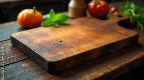 Rustic wooden cutting board on aged wood surface with blurred background of ripe tomatoes and fresh herbs, ideal for culinary presentation or food photography