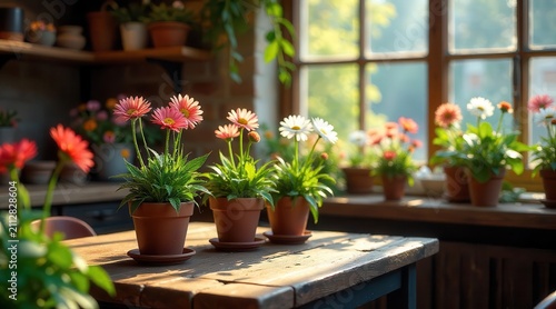 Sunlit Daisies in Terracotta Pots Grace a Rustic Wooden Table by a Window