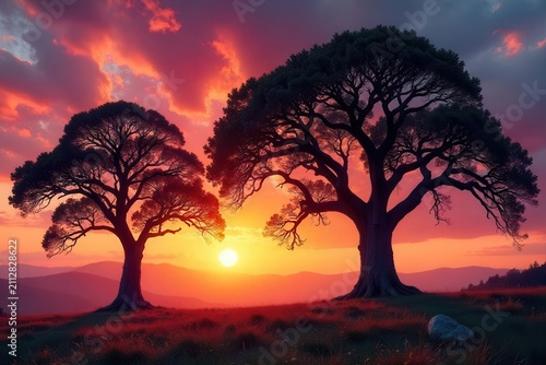 Majestic silhouettes of two ancient trees stand tall against a vibrant sunset, casting long shadows across the tranquil landscape