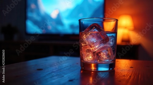 Evening relaxation with a glass of ice water, illuminated by a warm lamp and the glow of a television screen.