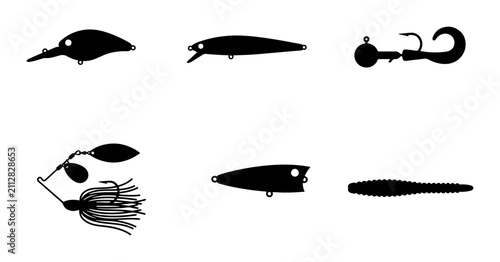 Foto Fishing Lures Vector Icons, Angling Tackle Silhouettes, Bass Fishing Baits, Spor