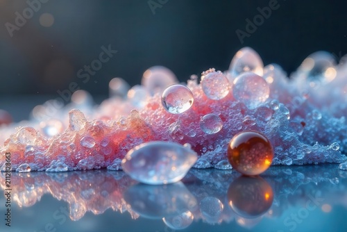 Enchanted Ice Crystals and Glistening Spheres Reflecting Light on a Smooth Surface