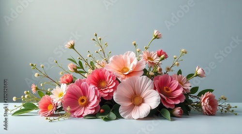 A Delicate Arrangement of Pink and Peach Blossoms on a Pale Blue Surface
