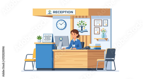 Foto Friendly receptionist at a modern office reception desk