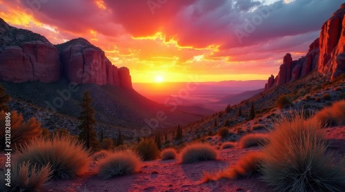 Fiery Sunset Hues Illuminating a Dramatic Desert Landscape with Rugged Cliffs and Vibrant Vegetation