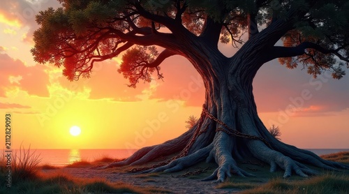 Ancient Tree Bound by Chains at Sunset's Embrace, a Coastal Scene of Serenity and Mystery