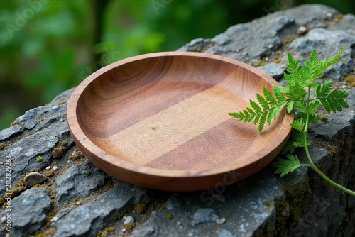 A Rustic Wooden Bowl Rests on a Weathered Stone Surface, Adorned with Vibrant Green Foliage