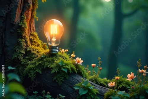 Illuminated Nature A Glowing Bulb Nestled Amidst Lush Moss and Delicate Blossoms on a Forest Tree