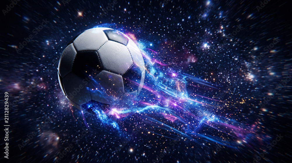 Fototapeta premium Soccer ball moving at light speed with cosmic energy trail..jpg soaring through a dark starry galaxy surrounded by glowing blue and purple nebulas.