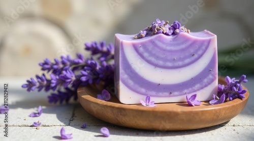 Artisan Lavender Swirled Soap Bar on Wooden Dish with Fresh Flowers