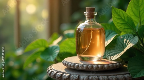 Aromatic Essence in Glass Bottle on Ornate Stand Amidst Lush Greenery
