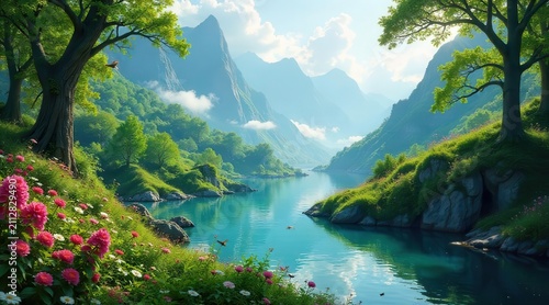 Serene Mountain Lake Landscape with Lush Greenery and Blooming Flowers Surrounding a Tranquil Body of Water