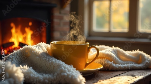 A steaming cup of warmth nestled in a cozy blanket near a crackling fireplace, bathed in the soft glow of sunlight streaming through a window.