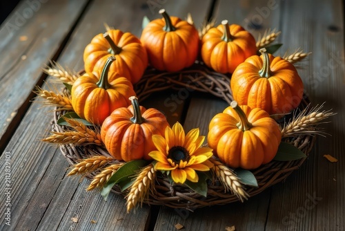 Autumnal Harvest Wreath Featuring Miniature Pumpkins and Sunflowers on Rustic Wood